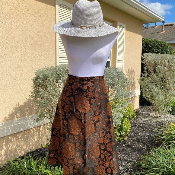 NEW ANNI KUAN A-LINE BRONZE & BLACK SEMI METALLIC ACCENT LACED HEM MIDI SKIRT 4 - Picture 9 of 14